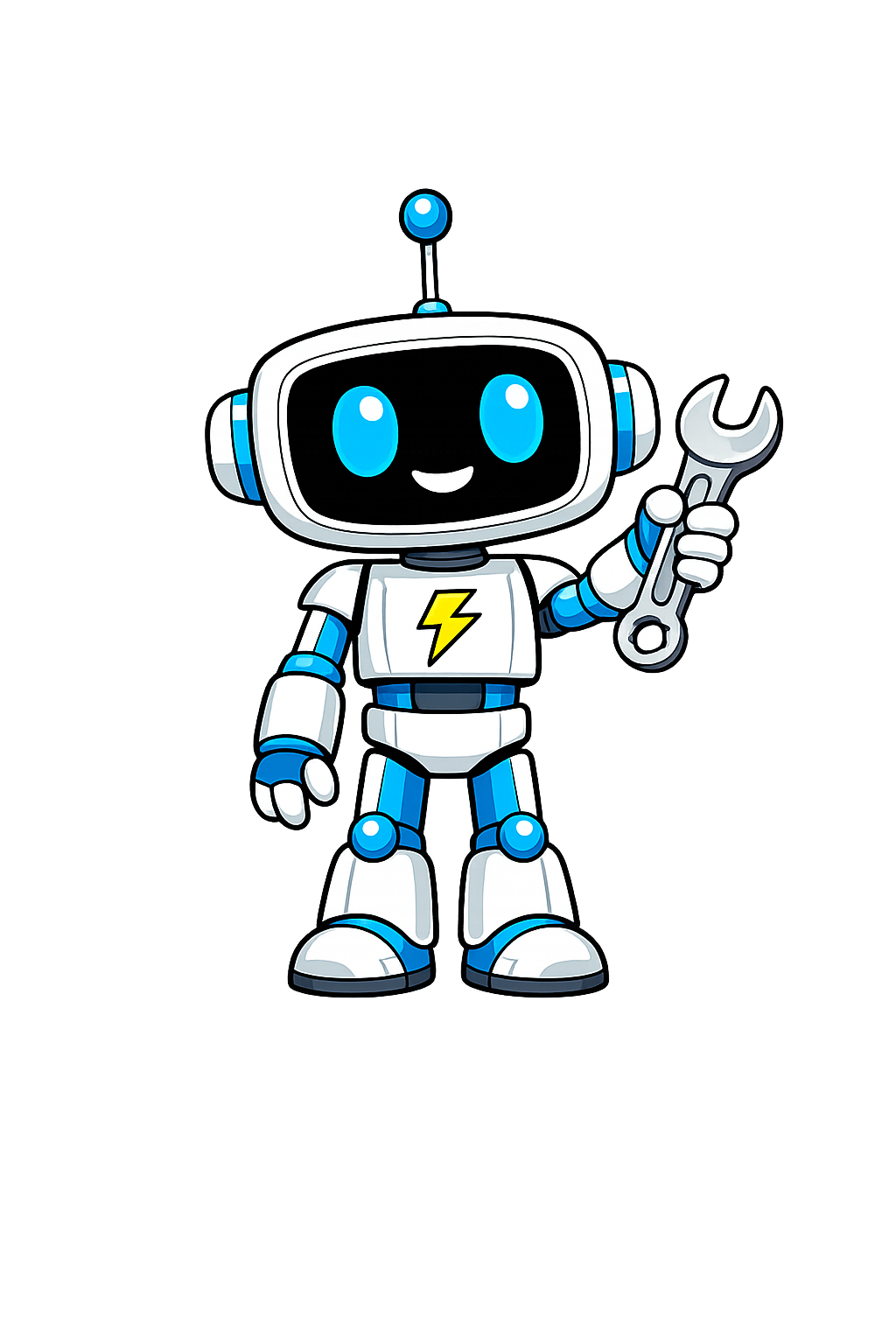 Shorty the robot mascot holding a wrench